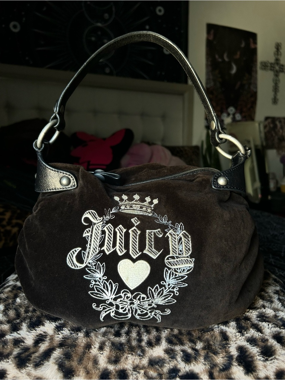 Juicy Couture Dark Brown Suede Shoulder Bag with Embroidered Crest
